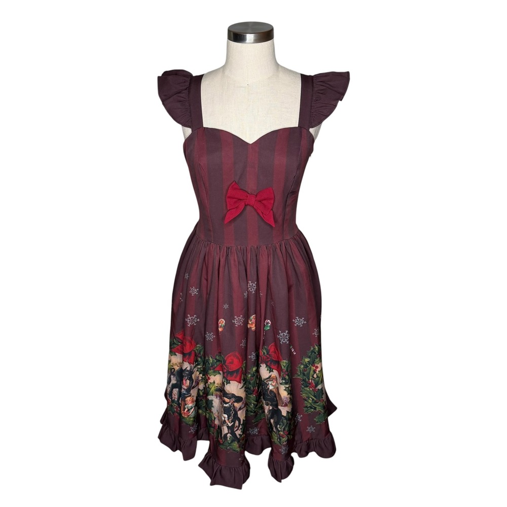 DUCHESS MILIANDA Krampus Christmas Dress Burgundy Striped Ruffle Women's Small